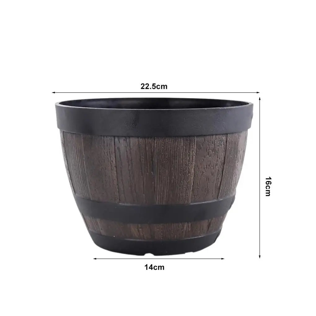 Simulation Wood Barrels 9 Inch Resin Flower Pot Vintage Style Bucket Shape Planter Home Decoration Outdoor Patio Farmhouse