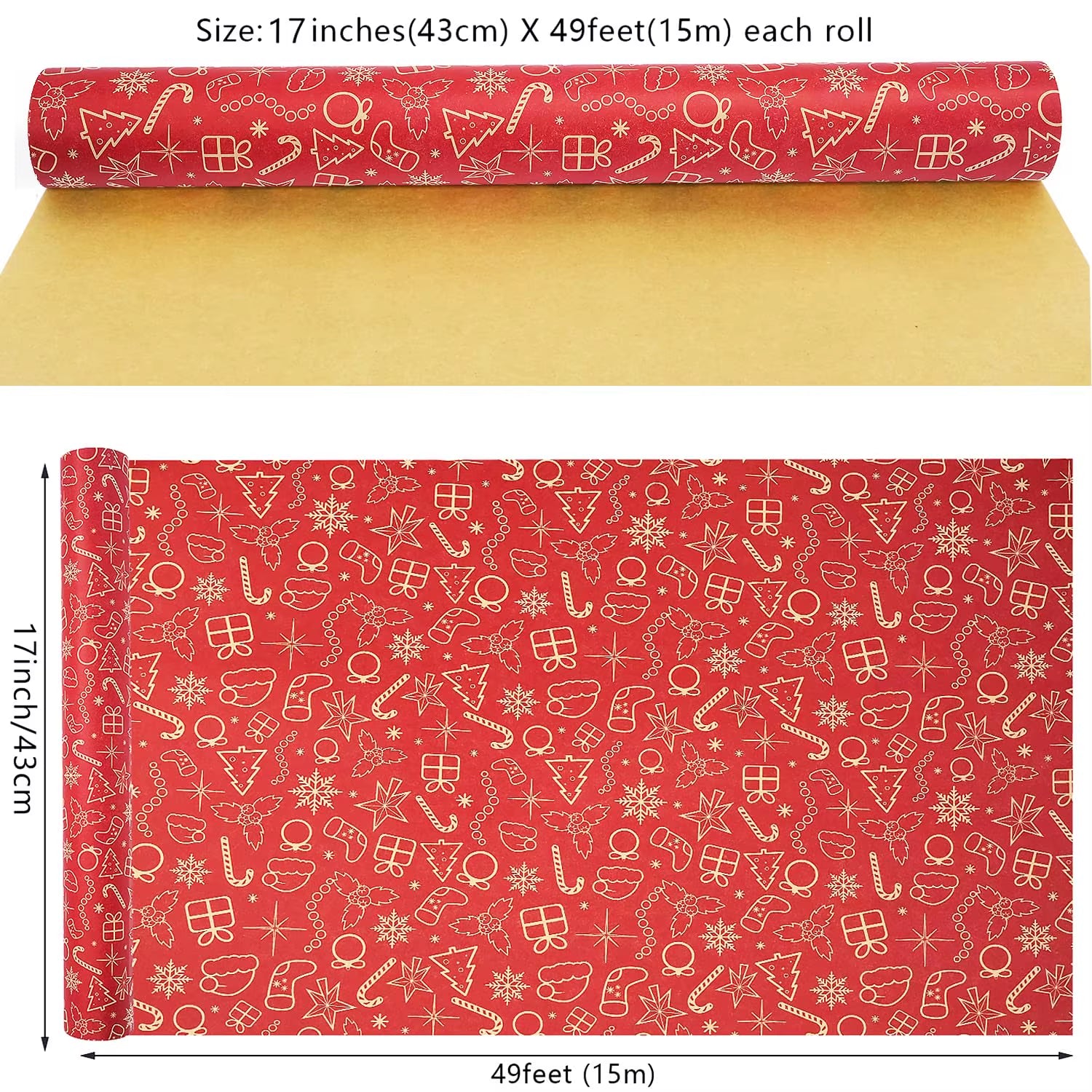 1 Roll 17X590 Inch Christmas Kraft Paper Red Kraft Wrapping Paper for Holiday Xmas, Gift Wrap with Snowflake, Christmas Hats