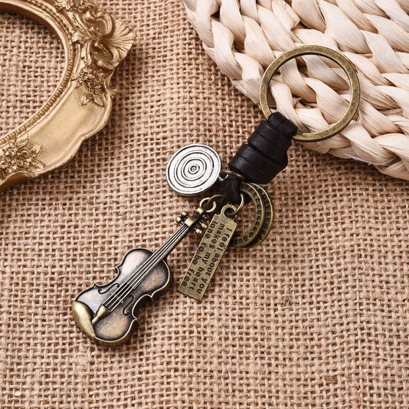 Simple Personality Vintage Guitar Keychain Cowhide Woven Charm Music Lovers