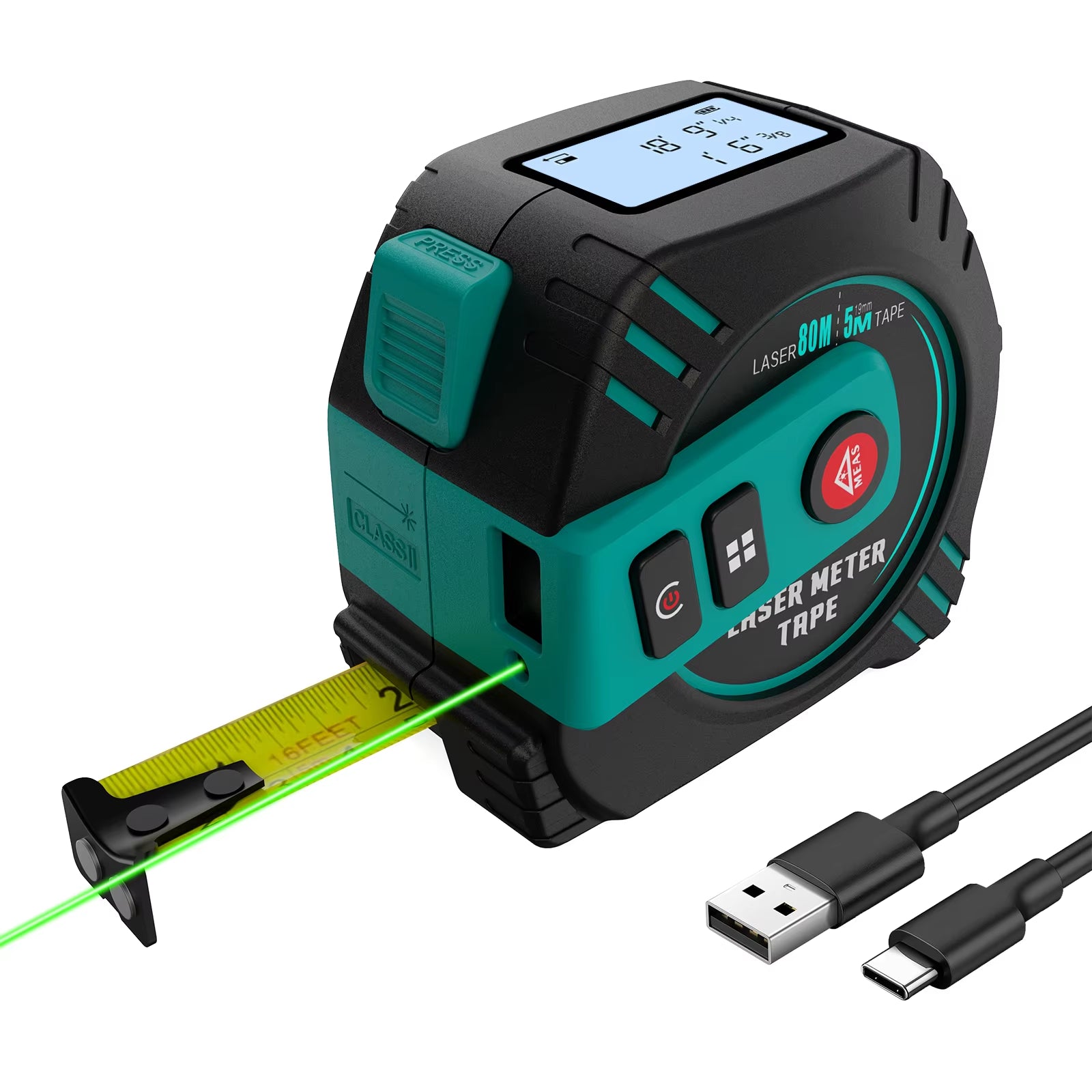 2In1 Green Laser Distance Meters 80M+5M Tape Laser Measure Multifunctional Rechargeable
