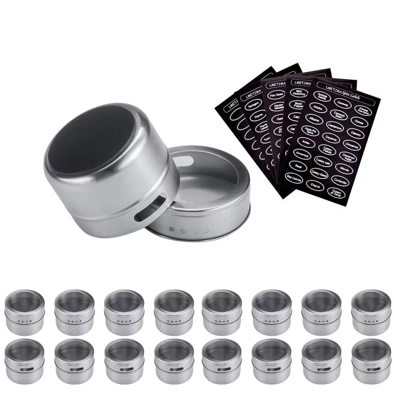 Magnetic Spice Jar Set with Stickers Stainless Steel Spice Tins Spice Storage Container Pepper Seasoning Sprays Tools