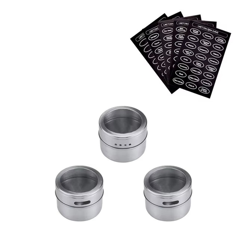 Magnetic Spice Jar Set with Stickers Stainless Steel Spice Tins Spice Storage Container Pepper Seasoning Sprays Tools