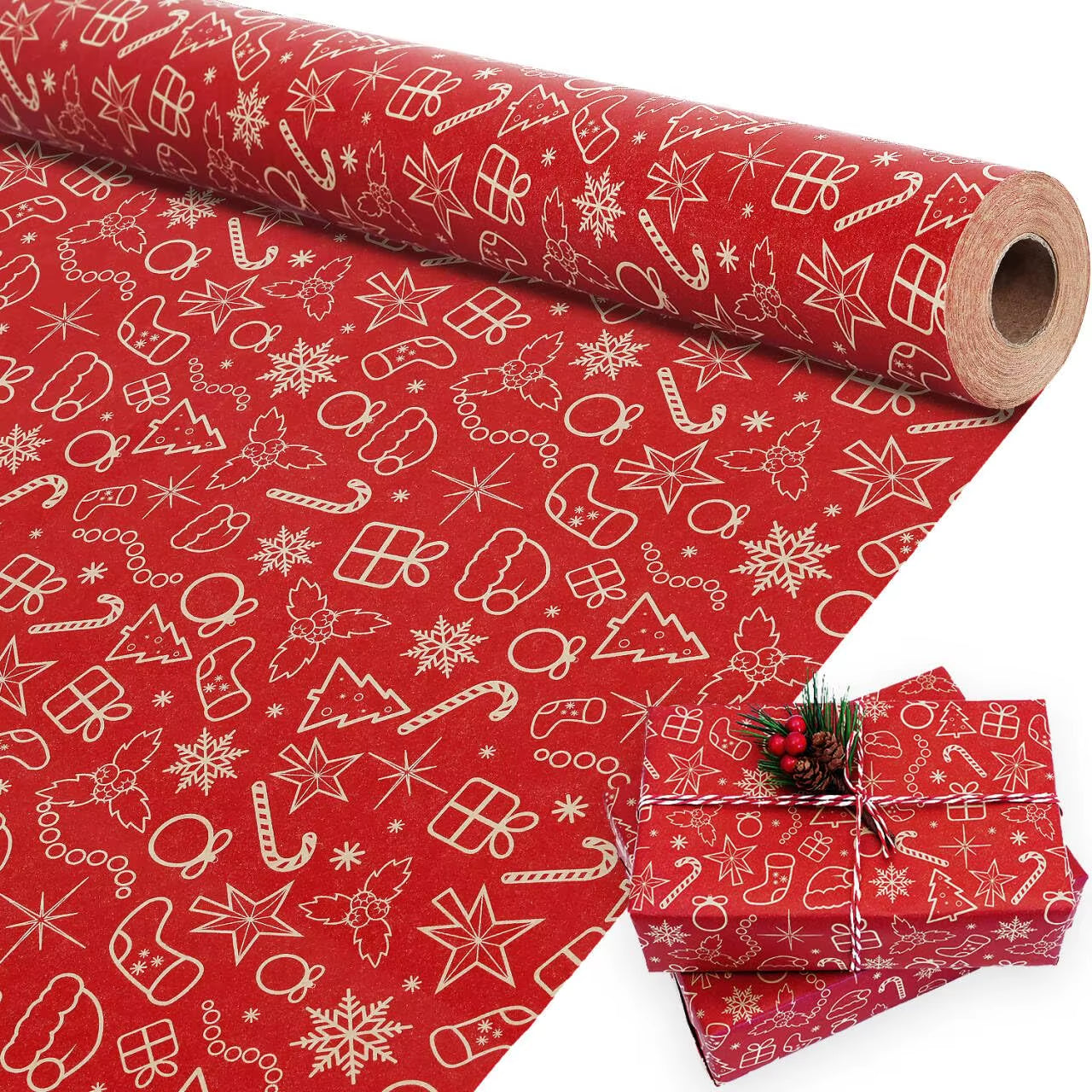 1 Roll 17X590 Inch Christmas Kraft Paper Red Kraft Wrapping Paper for Holiday Xmas, Gift Wrap with Snowflake, Christmas Hats