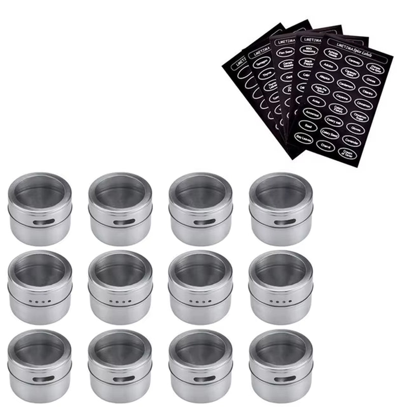 Magnetic Spice Jar Set with Stickers Stainless Steel Spice Tins Spice Storage Container Pepper Seasoning Sprays Tools