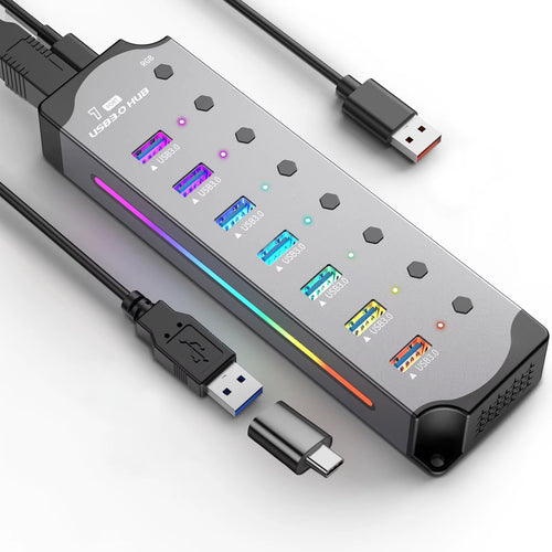 USB 3.0 Hub High Speed USB 7-In-1 Splitter Individual Power Switches RGB Aluminum Gaming USB Hub 3.0 for Laptop PC Accessories