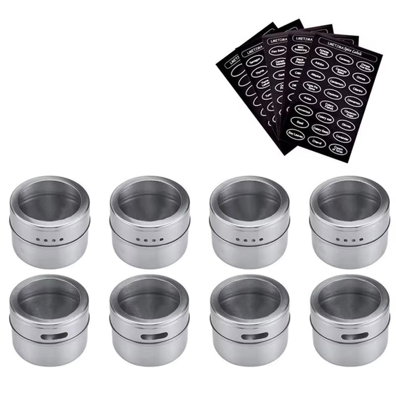 Magnetic Spice Jar Set with Stickers Stainless Steel Spice Tins Spice Storage Container Pepper Seasoning Sprays Tools