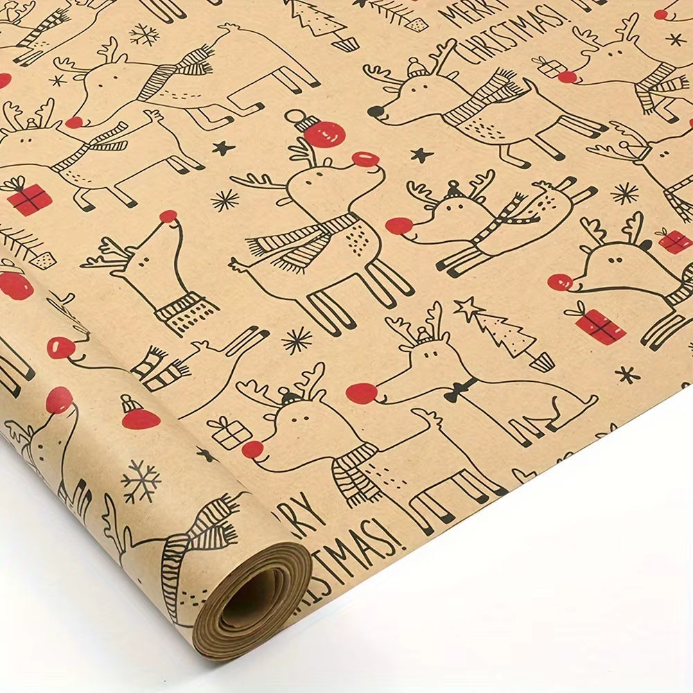 1 Roll Christmas Wrapping Paper - Cute Deer Design, Planners and Brokers, Suitable for Presents, Handmade Gifts, Gift Wrapping