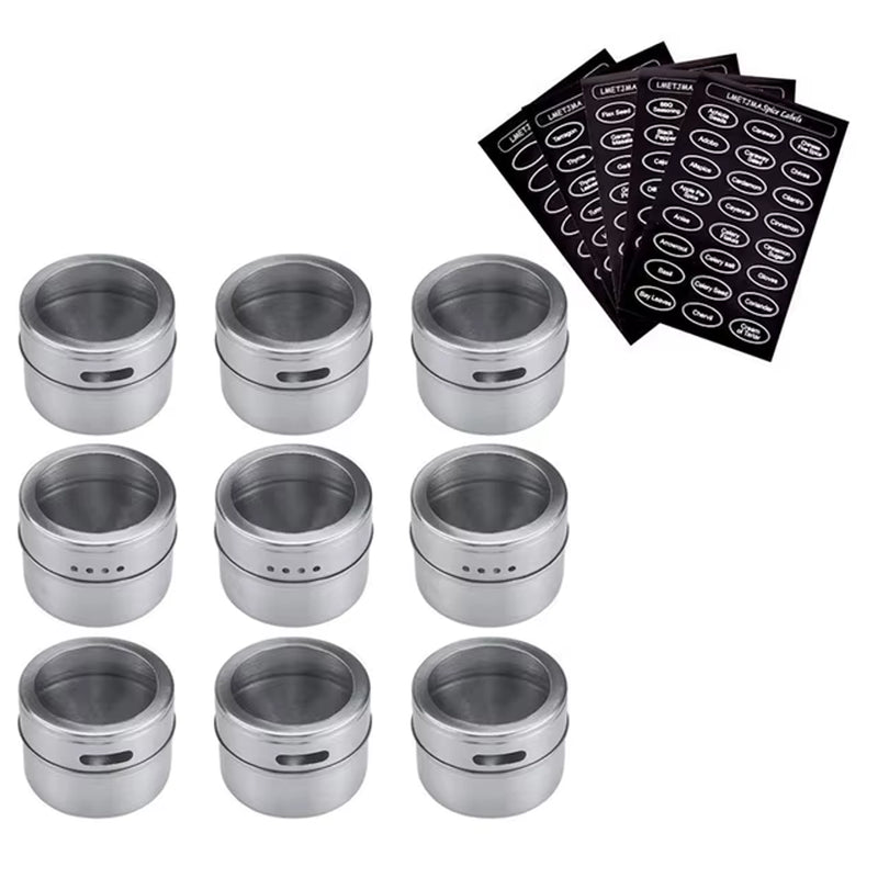 Magnetic Spice Jar Set with Stickers Stainless Steel Spice Tins Spice Storage Container Pepper Seasoning Sprays Tools