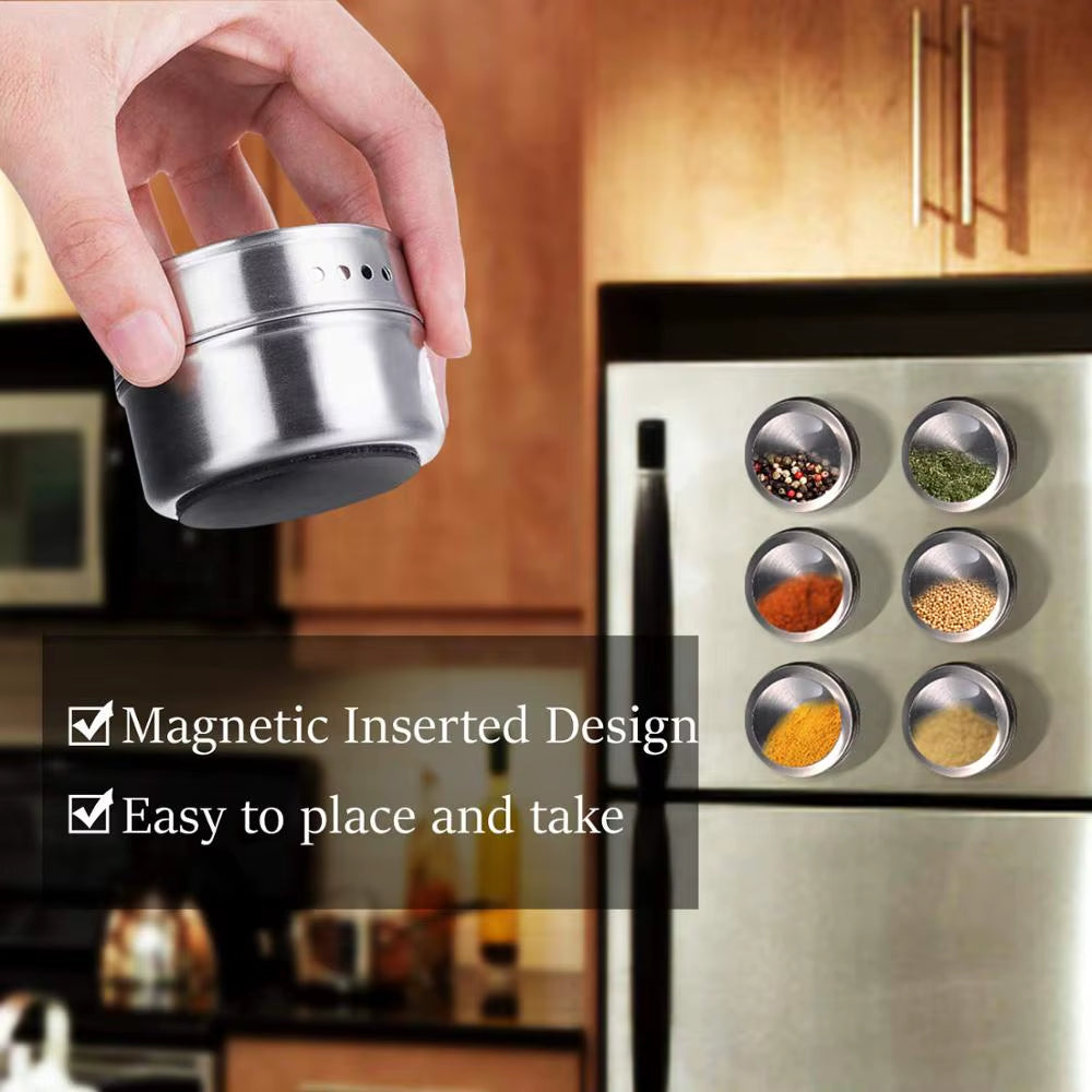 Magnetic Spice Jar Set with Stickers Stainless Steel Spice Tins Spice Storage Container Pepper Seasoning Sprays Tools