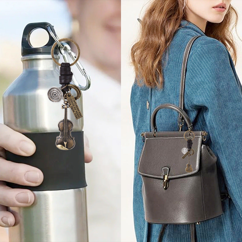 Simple Personality Vintage Guitar Keychain Cowhide Woven Charm Music Lovers