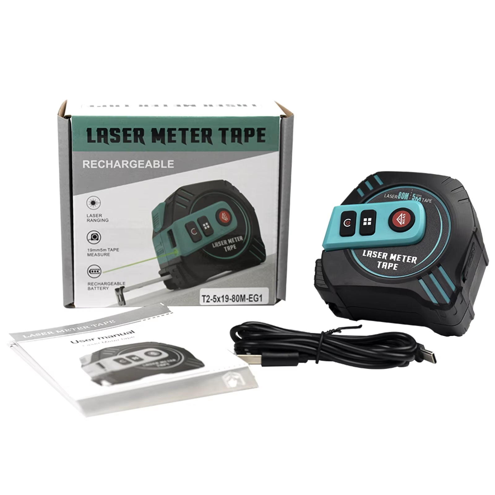 2In1 Green Laser Distance Meters 80M+5M Tape Laser Measure Multifunctional Rechargeable