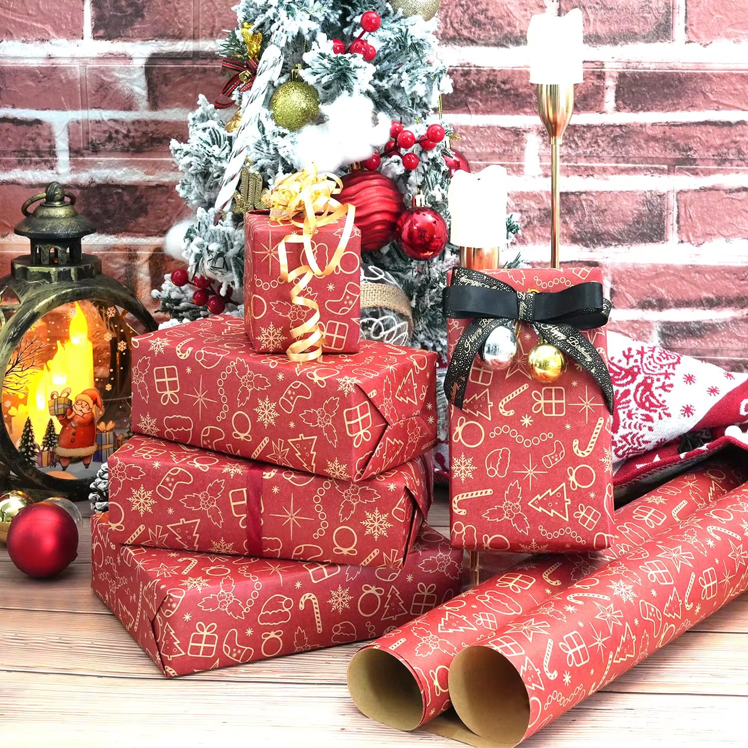 1 Roll 17X590 Inch Christmas Kraft Paper Red Kraft Wrapping Paper for Holiday Xmas, Gift Wrap with Snowflake, Christmas Hats