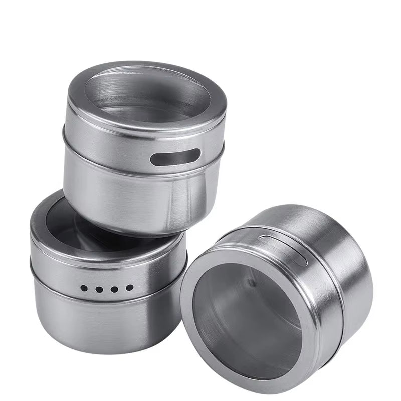 Magnetic Spice Jar Set with Stickers Stainless Steel Spice Tins Spice Storage Container Pepper Seasoning Sprays Tools