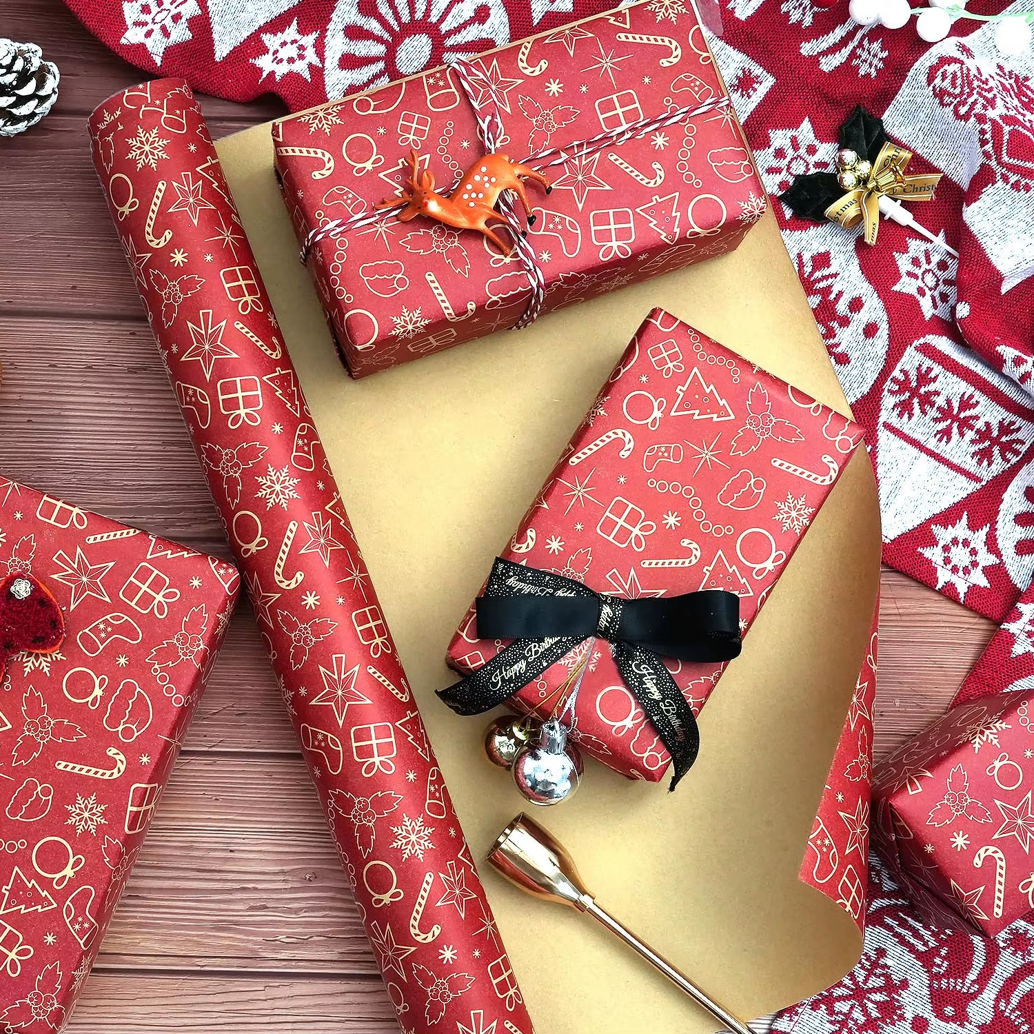 1 Roll 17X590 Inch Christmas Kraft Paper Red Kraft Wrapping Paper for Holiday Xmas, Gift Wrap with Snowflake, Christmas Hats